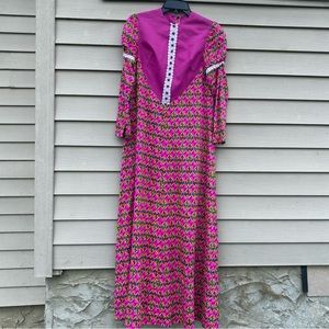 Handmade Vintage 1970s Bright Floral Dress Lace detail Magenta Prairie Maxi